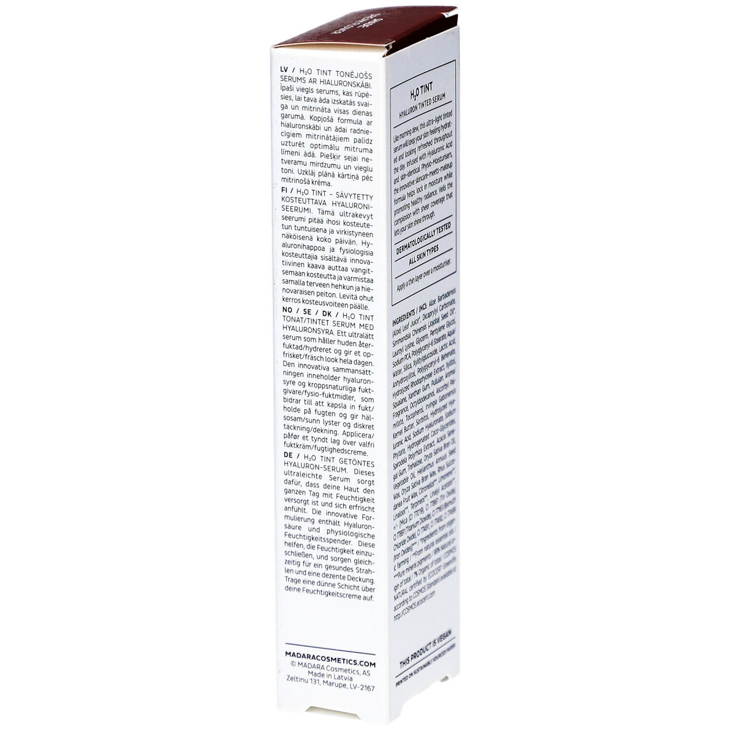 Emballage produit avec texte. H2O Tint sérum teinté. Ingrédients et instructions. Testé dermatologiquement. Vegan.