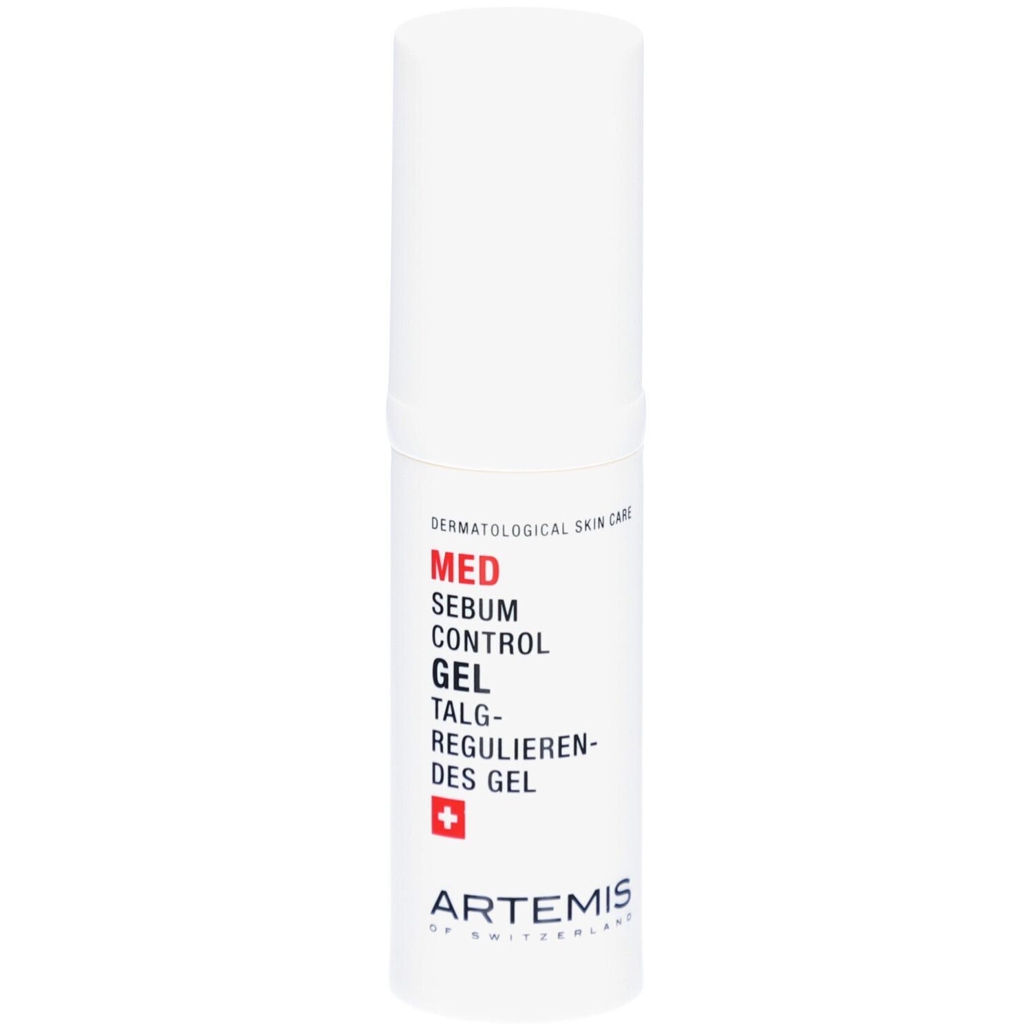 Flacon cylindrique blanc avec texte rouge: MED Sebum Control Gel. Croix suisse. Marque: ARTEMIS.