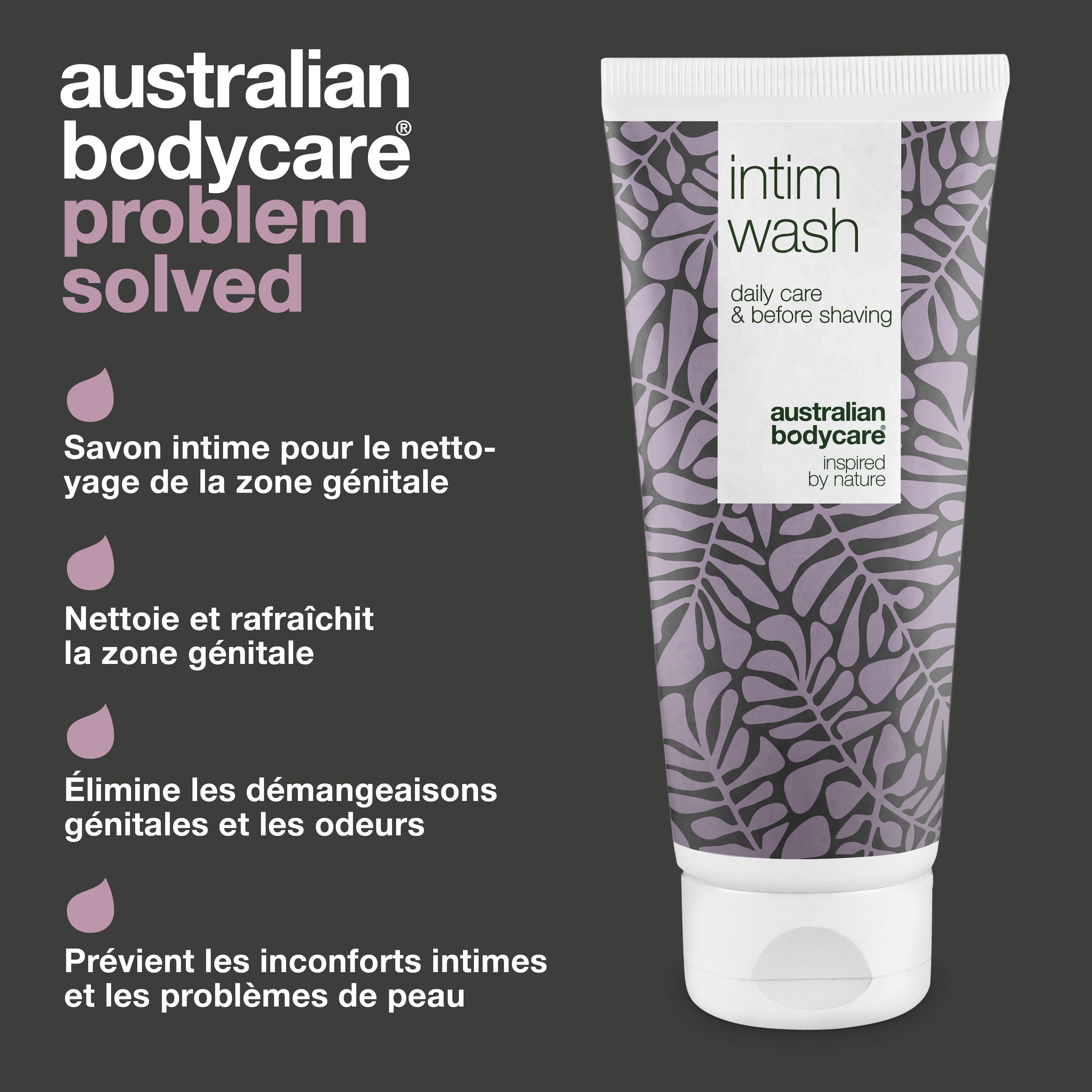 Tube Intim Wash, motif violet, texte: Intim Wash, Australian Bodycare. Problème résolu.