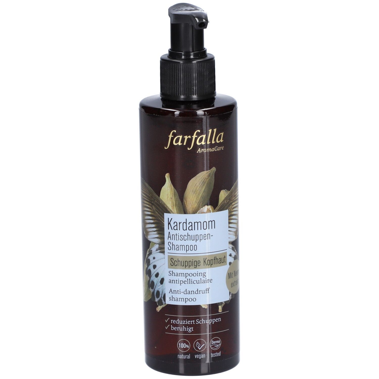 Flacon marron avec pompe noire. Inscription : Kardamom Antischuppen-Shampoo. Avec extrait de neem.