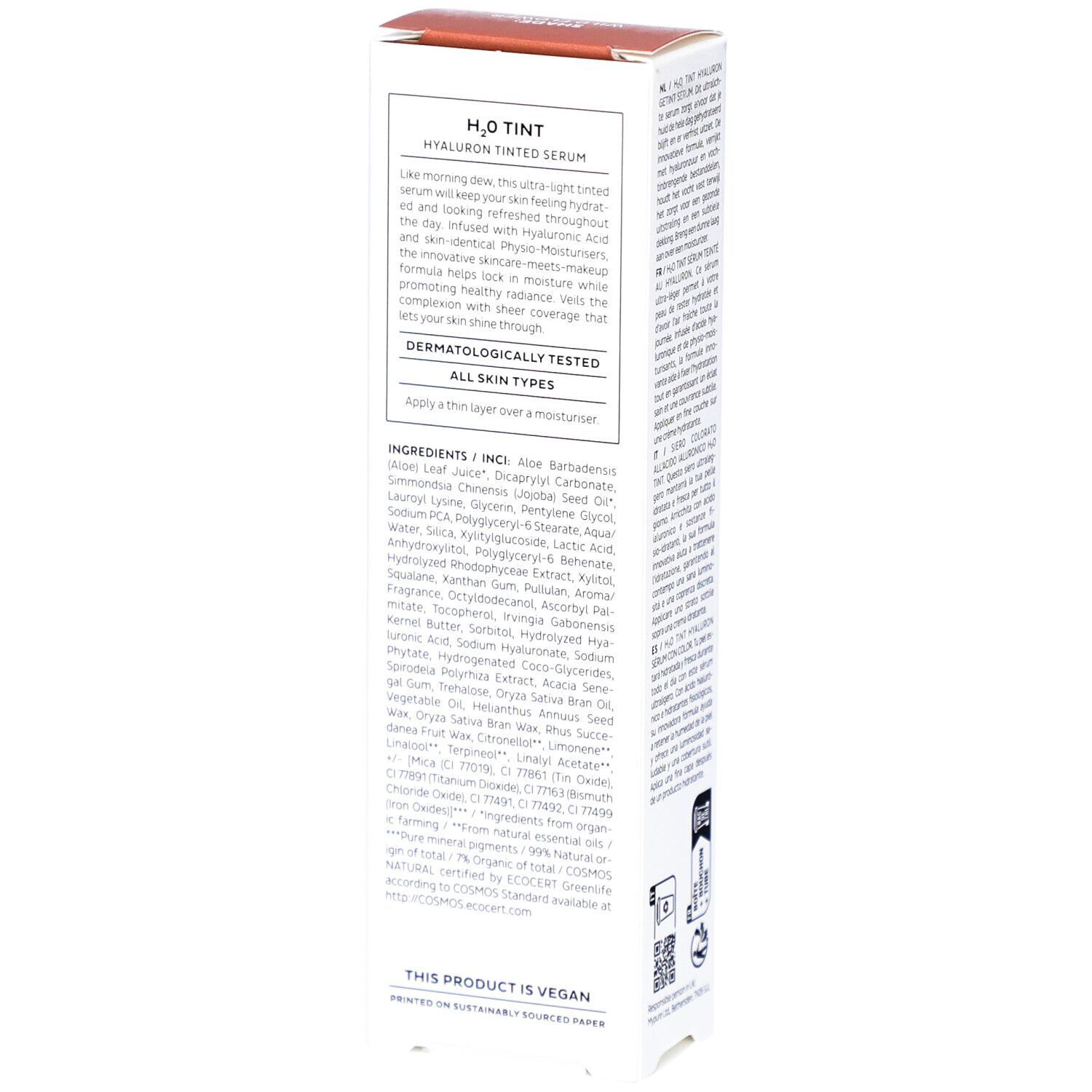 Emballage avec texte en anglais. Inscription : MÁDARA, H2O TINT, Hyaluron Tinted Serum, Shade: Wild Flower. 30ml.