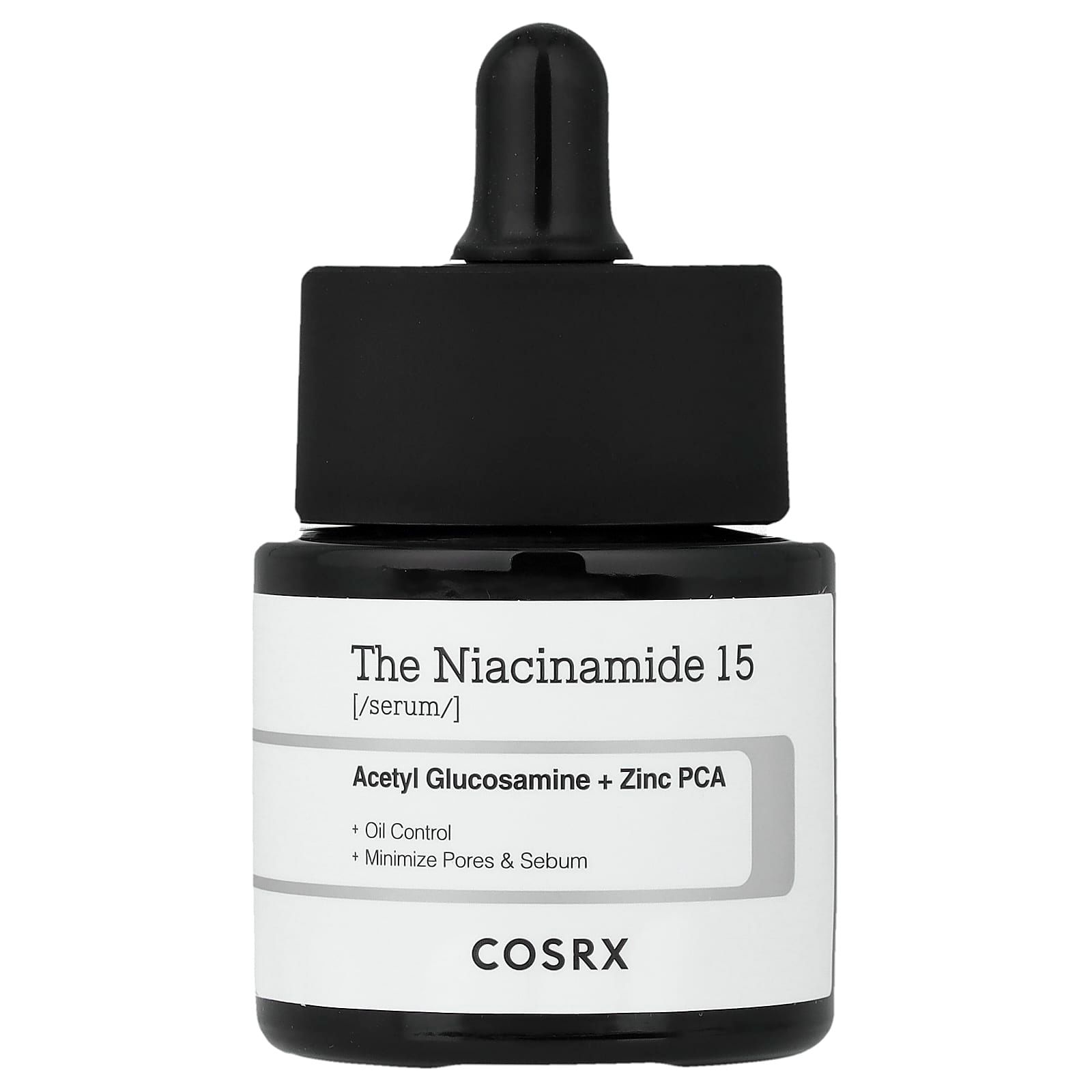 Sérum COSRX The Niacinamide 15 en flacon avec compte-gouttes. Contient de l'Acétyl Glucosamine + Zinc PCA.