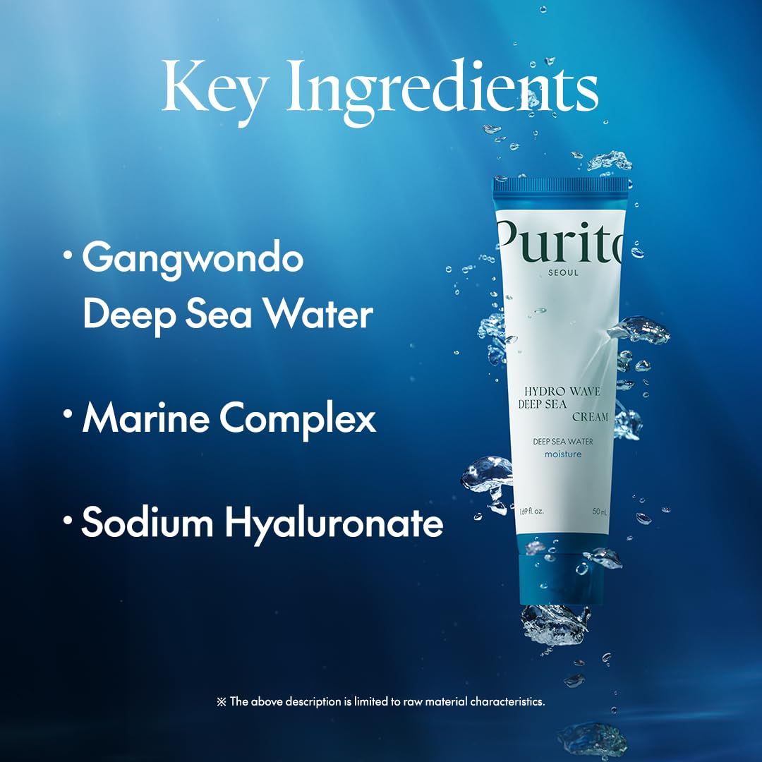Graphique avec ingrédients. Inscription : Gangwondo Deep Sea Water, Marine Complex, Sodium Hyaluronate. Tube en arrière-plan.