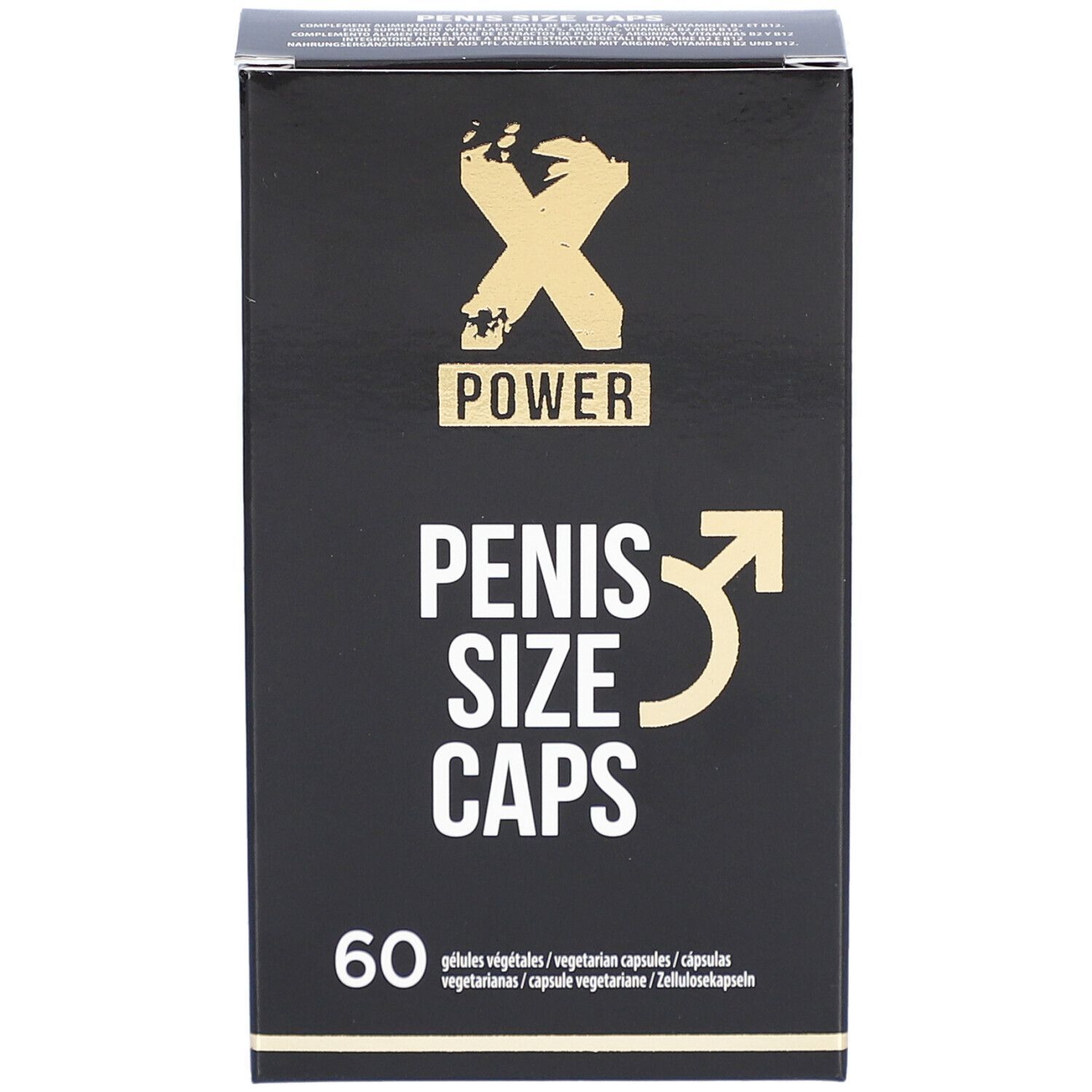 Boîte noire avec logo "X POWER" et texte "PENIS SIZE CAPS". Contient 60 gélules.