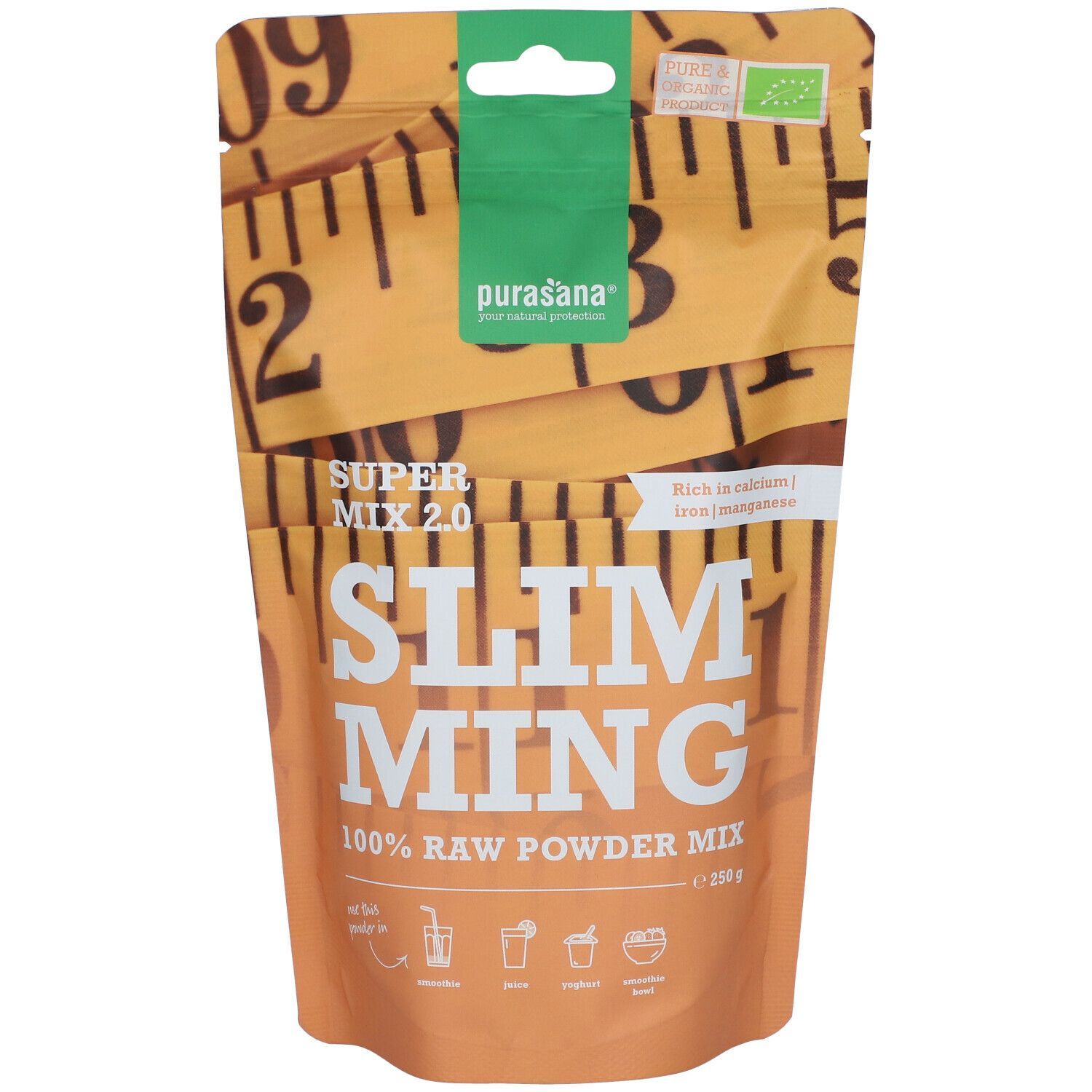 Sachet Purasana Slimming Mix 2.0, marron-blanc, texte et logo. Label bio. Vue de face.