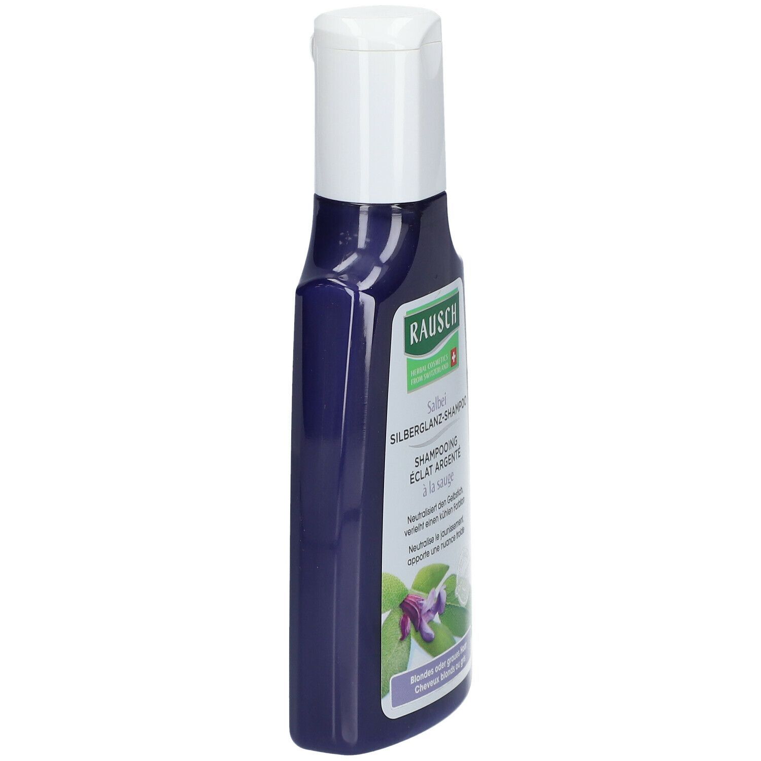 Vue latérale du shampooing RAUSCH Salbei Silberglanz. Flacon violet avec bouchon blanc. Étiquette avec logo et nom du produit.