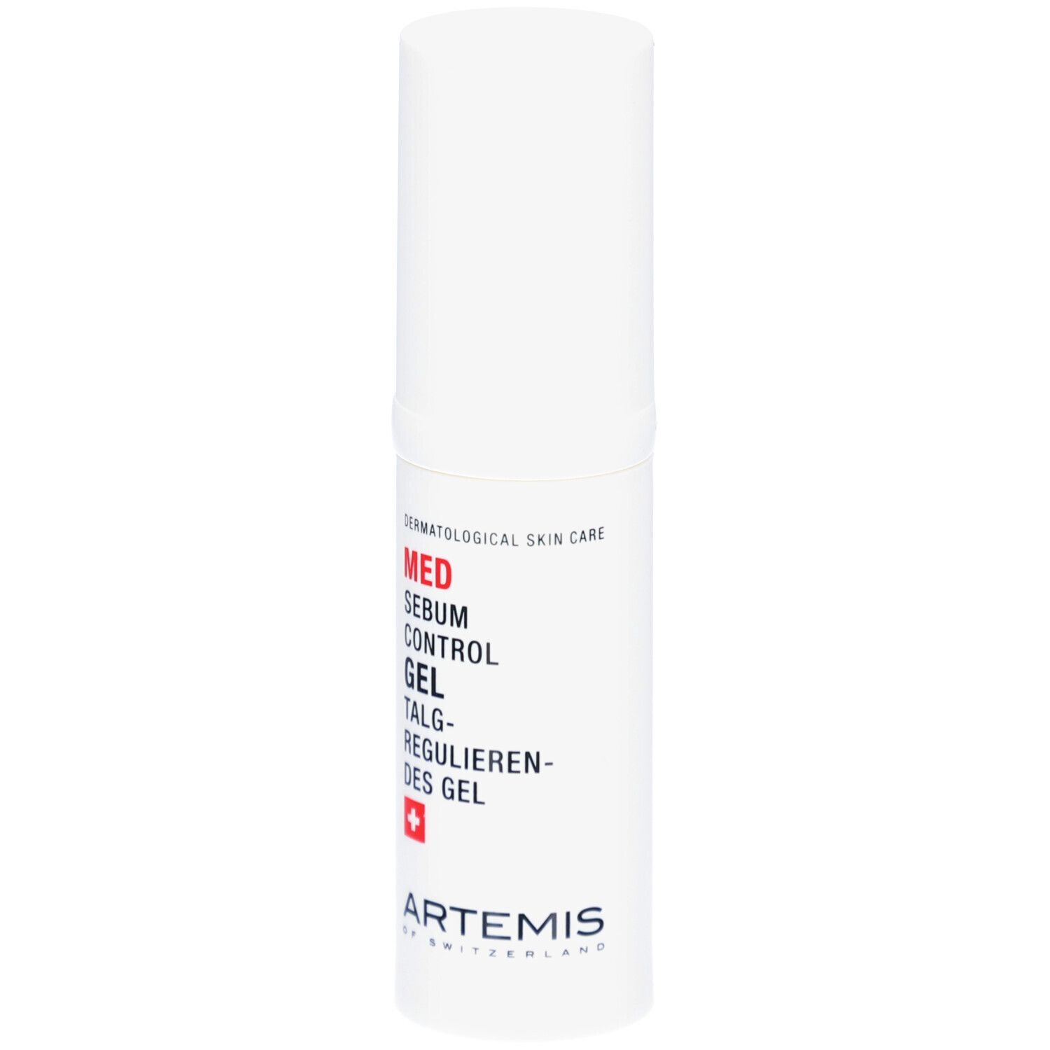 Flacon cylindrique blanc avec texte rouge: MED Sebum Control Gel. Croix suisse. Marque: ARTEMIS.