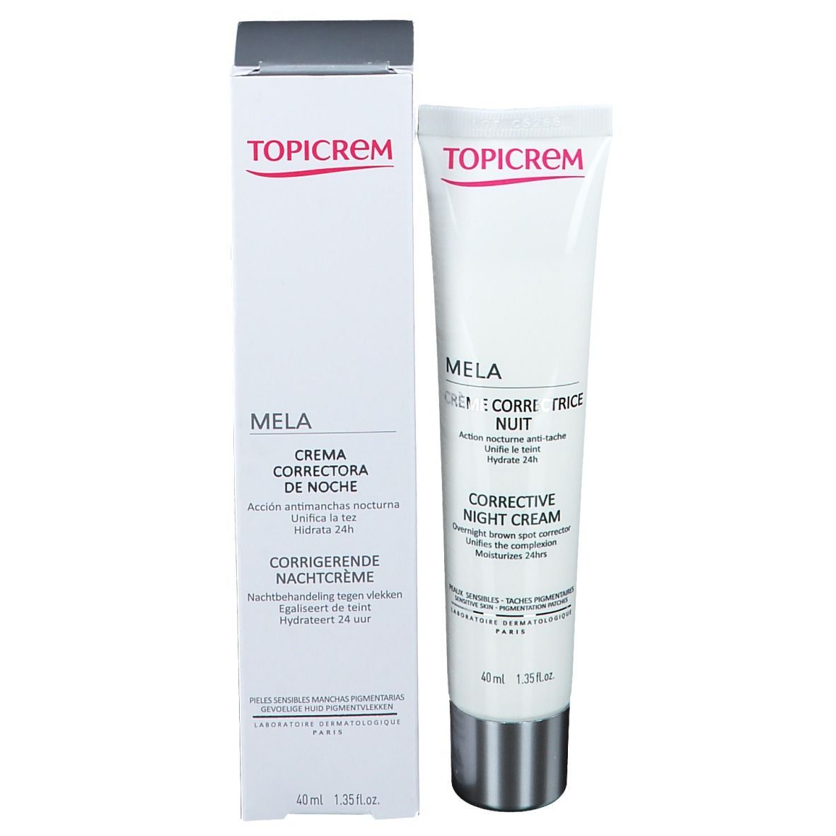 Emballage produit avec tube. Boîte blanche avec tube. Inscription TOPICREM, MELA, CORRECTIVE NIGHT CREAM. 40 ml.