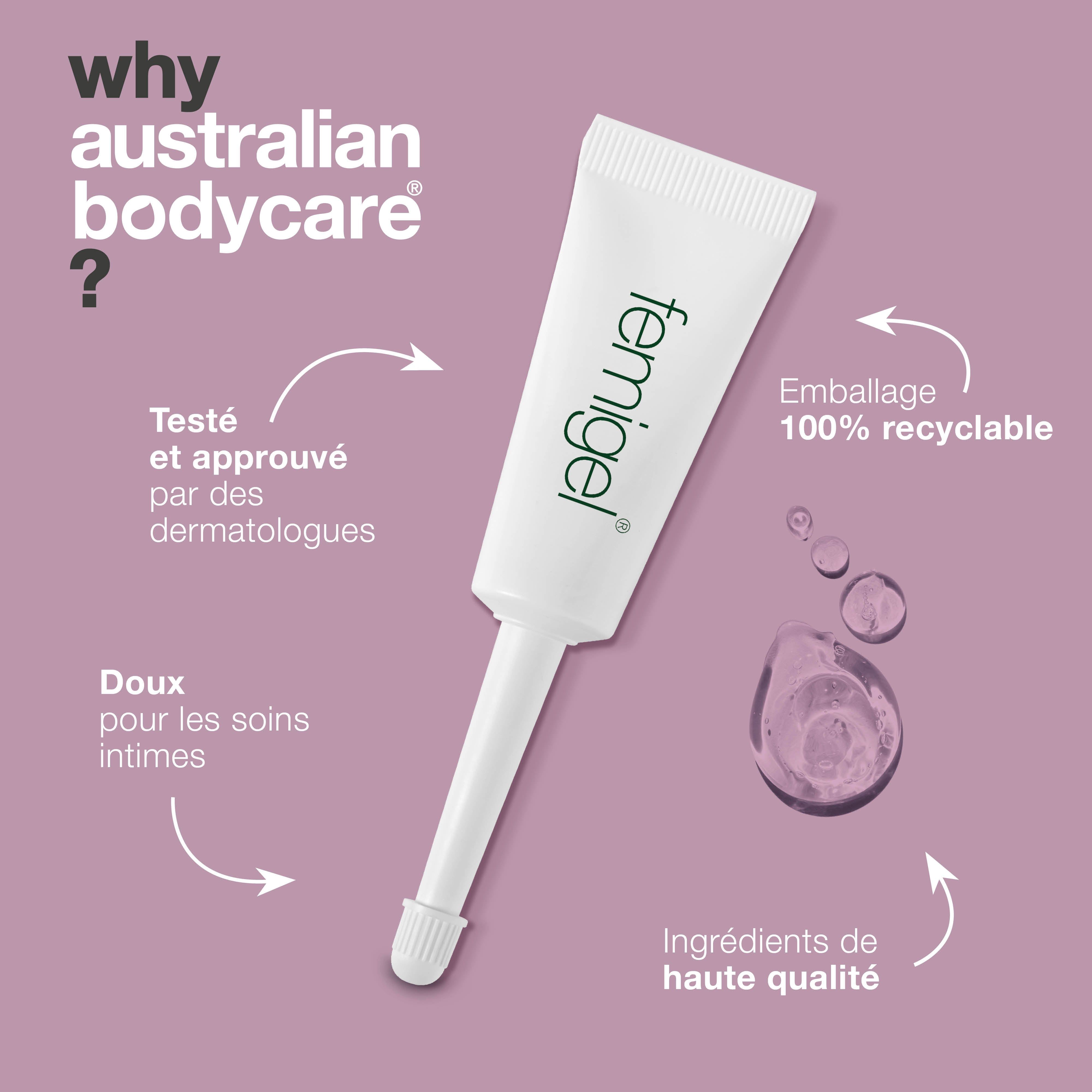 Tube Femigel. Gouttes. Emballage 100% recyclable. Ingrédients de haute qualité. Soins intimes doux.