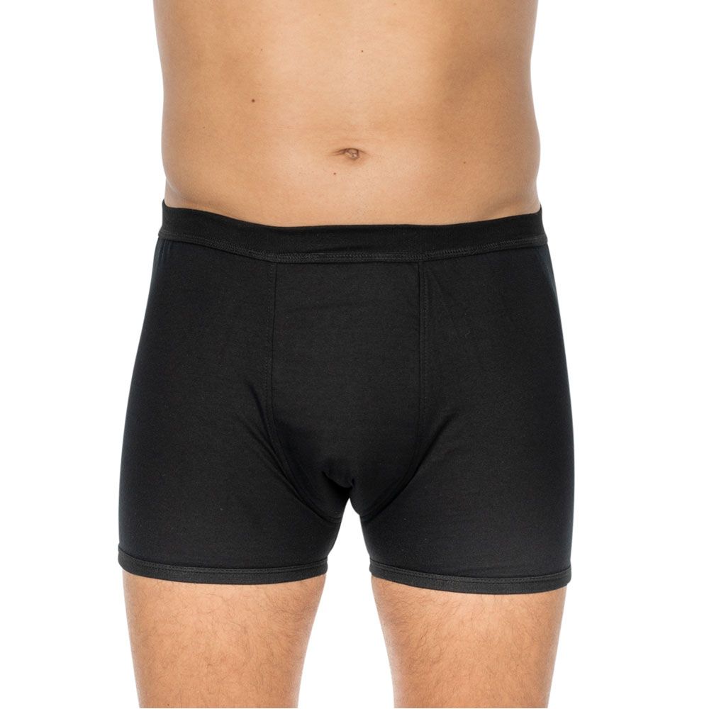 Shorts d'incontinence noirs avec insert absorbant intégré, vue de face.