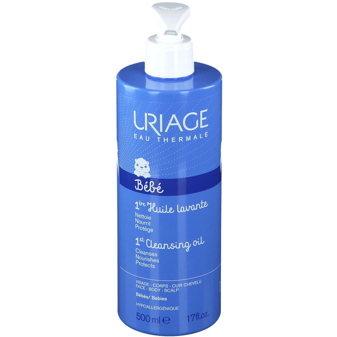Flacon bleu avec pompe blanche. Uriage Bébé 1ère Huile lavante. Visage, corps, cuir chevelu. 500ml.