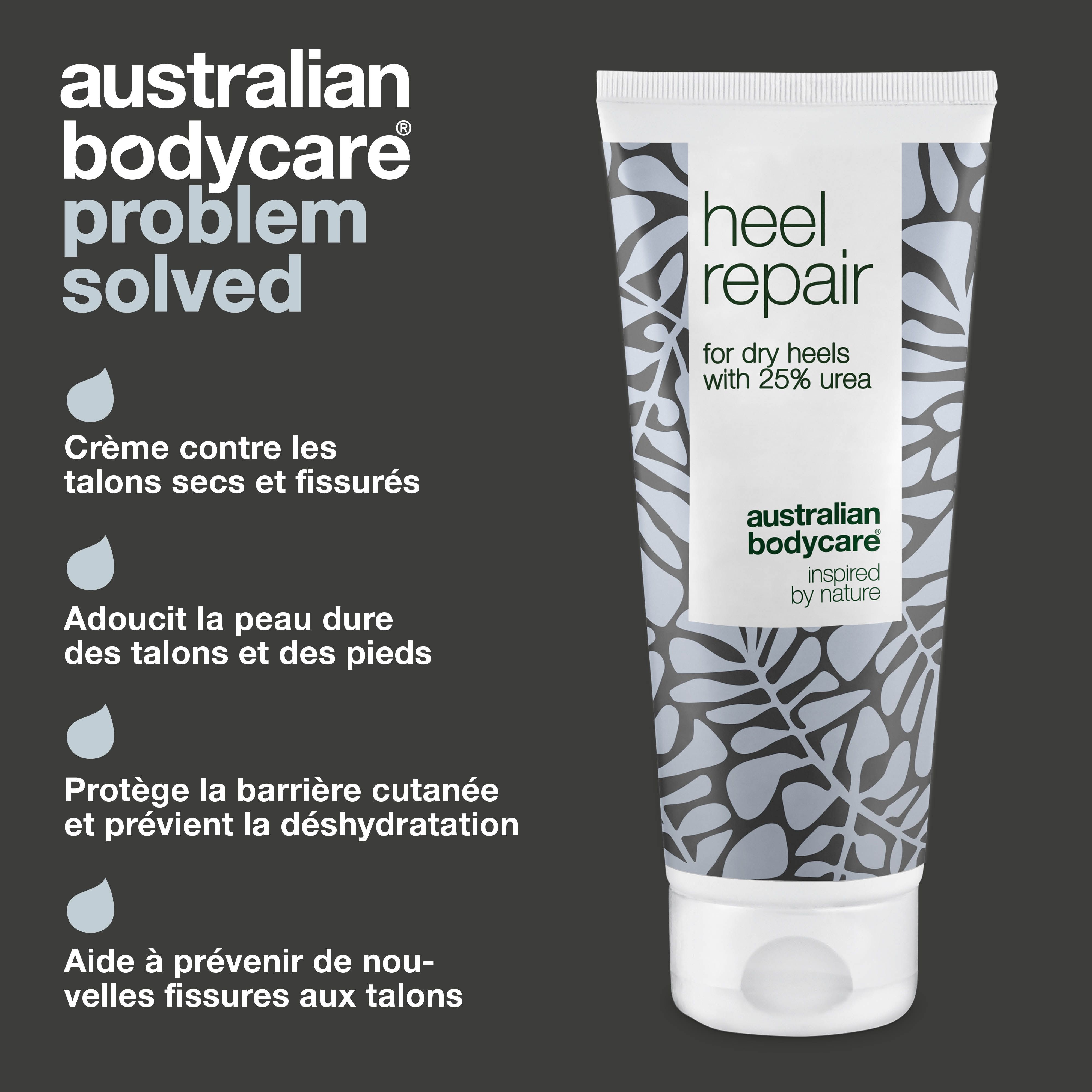 Tube de crème avec texte : Heel Repair, pour talons secs avec 25% d'urée. Texte : Crème contre les talons secs et fissurés. Marque : Australian Bodycare.