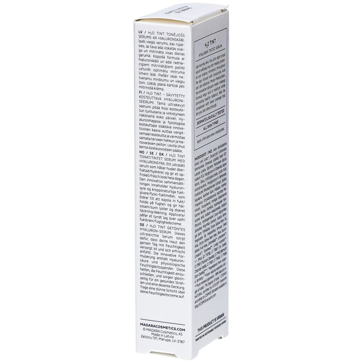 Emballage blanc avec texte multilingue. H2O TINT Sérum teinté à l'acide hyaluronique. Instructions d'utilisation.