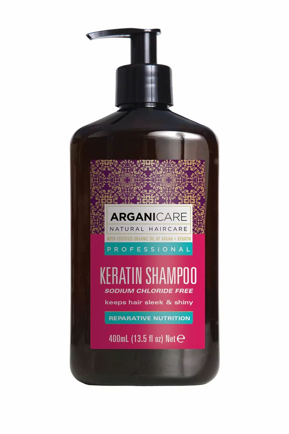 Flacon de shampooing Arganicare Keratin avec pompe. Étiquette rose avec texte. Sur fond blanc.