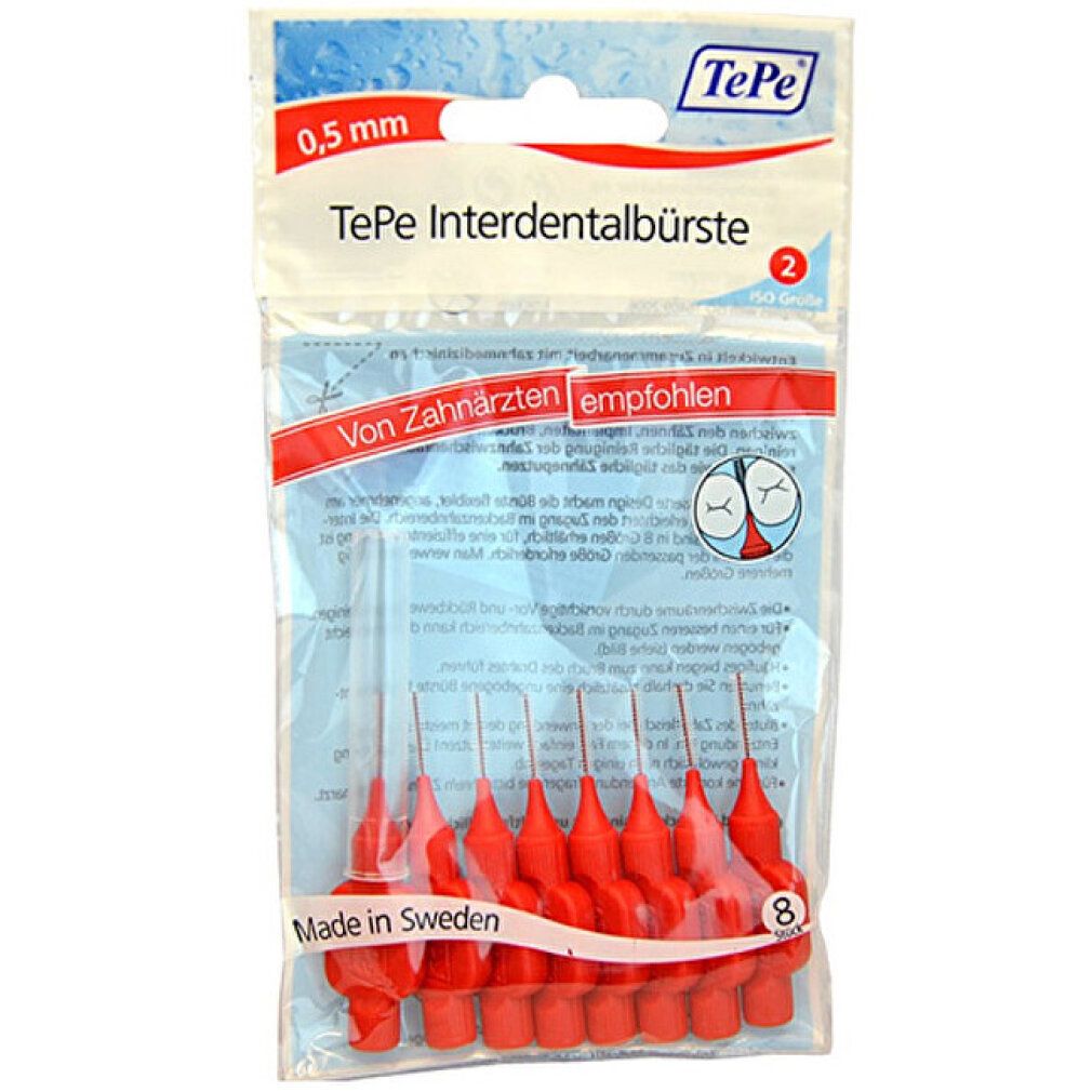 Paquet de brossettes interdentaires rouges TePe, 0,5 mm. 8 pièces. Recommandé par les dentistes. Fabriqué en Suède.
