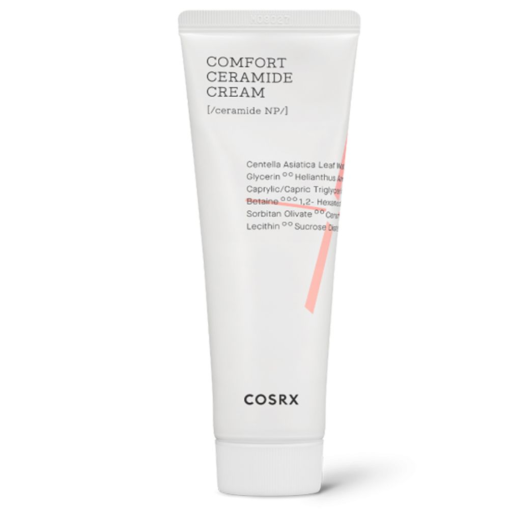 Tube blanche de COSRX Balancium Comfort Ceramide Cream avec texte.