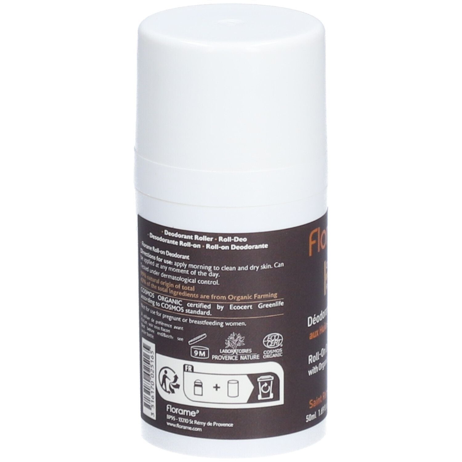 Dos du déodorant roll-on. Flacon blanc avec étiquette marron. Inscriptions : Florame, mode d'emploi, certification Bio.