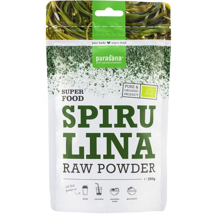 Pochon de poudre de spiruline crue Purasana avec label bio et informations nutritionnelles.
