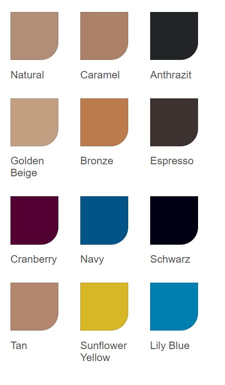 Palette de couleurs pour les bas de compression JOBST Opaque. Différents carrés de couleur avec des noms comme noir, marine et espresso.