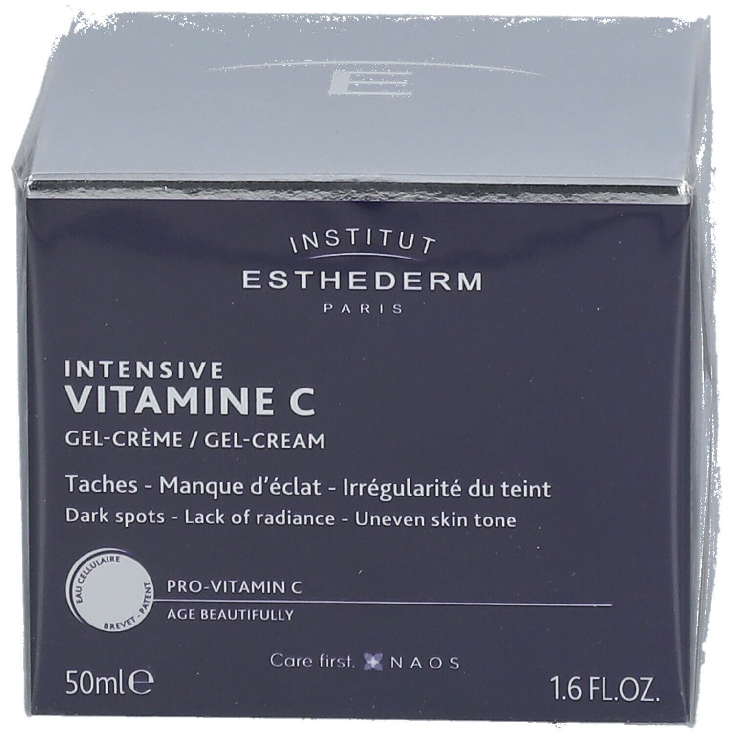 Boîte bleu foncé avec texte. INSTITUT ESTHEDERM, INTENSIVE VITAMINE C GEL-CREME. 50ml, 1.6 FL.OZ.