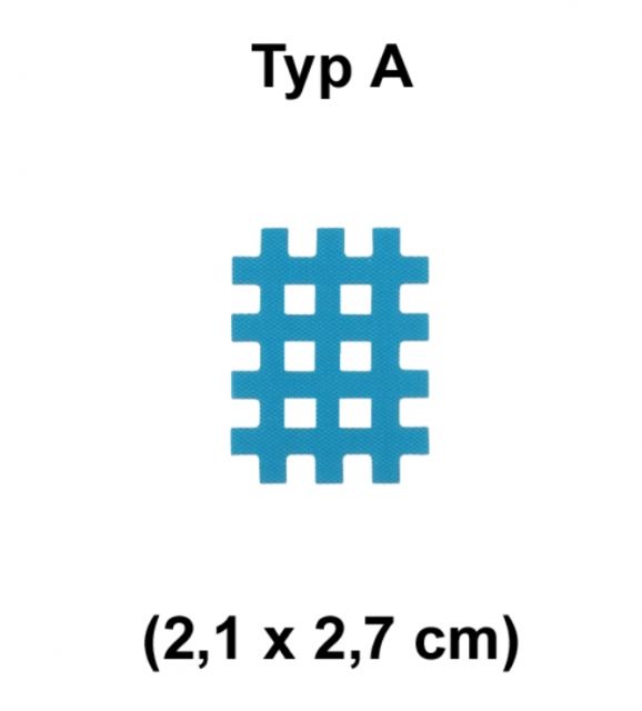 Patch bleu en forme de grille, type A. Dimensions : 2,1 x 2,7 cm. Texte : Type A.