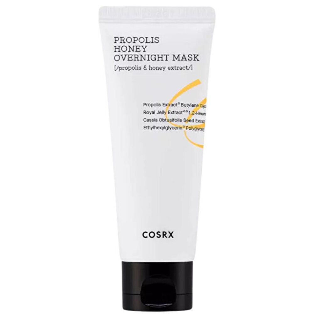 Tube blanc avec bouchon noir à clapet. Texte : "PROPOLIS HONEY OVERNIGHT MASK".