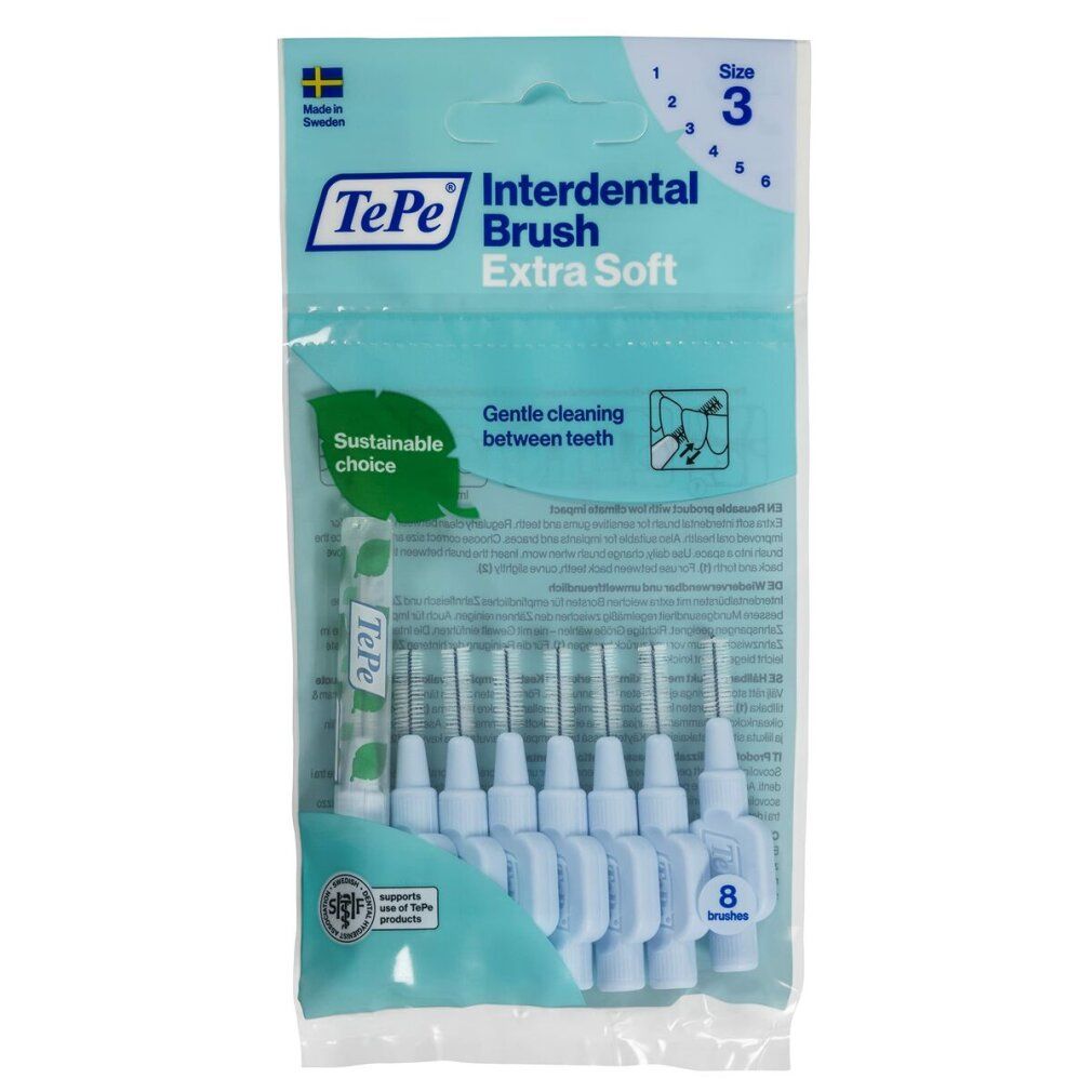 Paquet de brosses interdentaires TePe bleues. Extra Soft, 8 pièces. Inscription: Gentle cleaning between teeth. Choix durable.