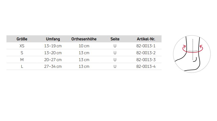 Tableau des tailles pour l'orthèse de pied AIRCAST® Podalib. Tailles XS à L. Informations sur le tour, la hauteur et les références.