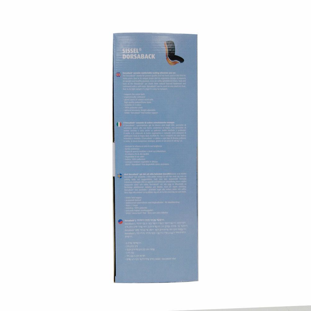 Emballage de Sissel® Dorsaback. Vue latérale avec illustration du produit et texte multilingue.