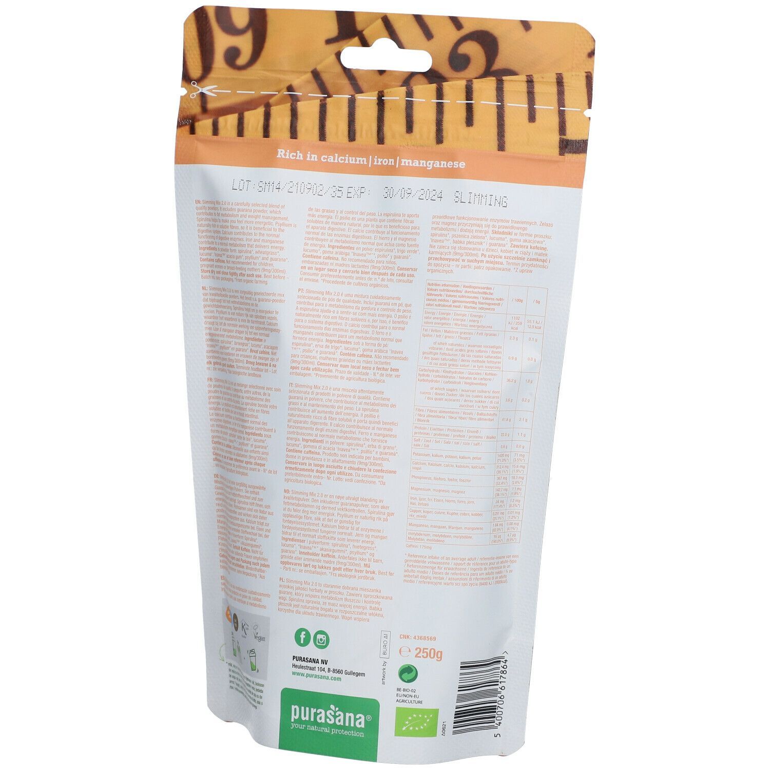 Dos du sachet Purasana Slimming Mix 2.0. Contient texte, informations nutritionnelles et label bio.