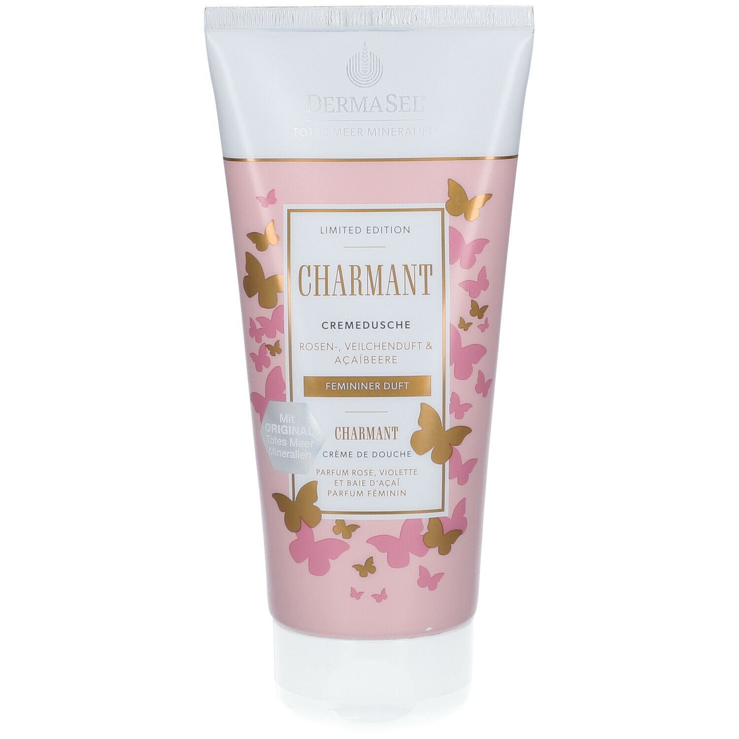 Tube avec fond rose, papillons dorés et inscription CHARMANT. Crème de douche, édition limitée.