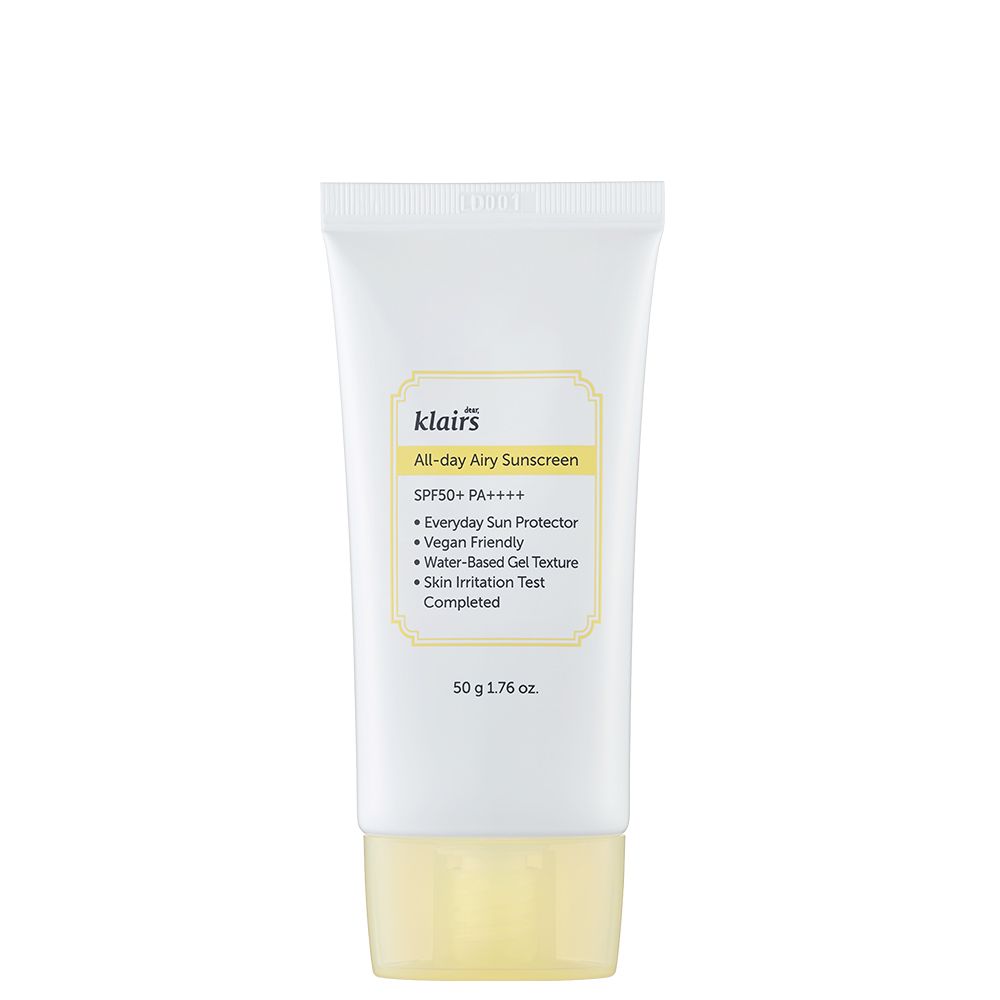 Tube blanc à bouchon jaune, Klairs All-day Airy Sunscreen, SPF50+ PA++++, 50g.
