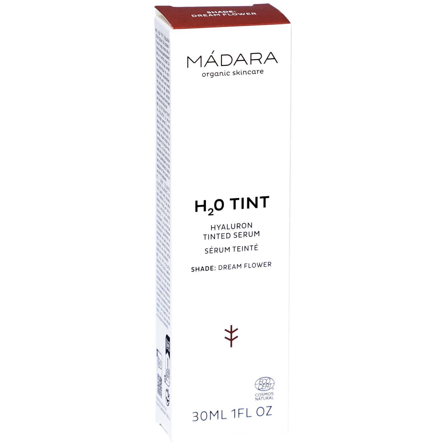 Emballage blanc avec nom et détails du produit. H2O Tint Sérum teinté à l'acide hyaluronique. Teinte Dream Flower. 30ml. Certification.