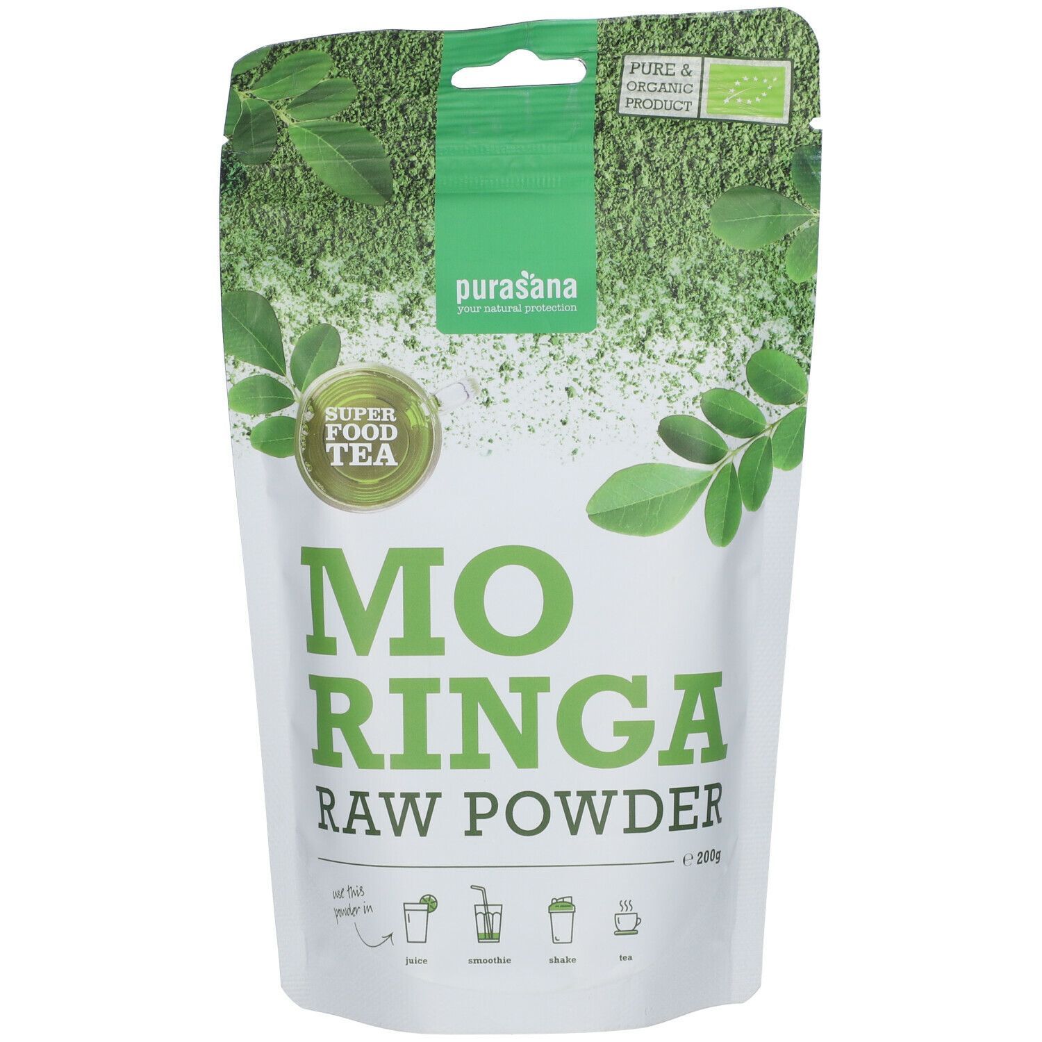 Sachet de purasana® Moringa Raw Powder. Inscription : Moringa Raw Powder. Label bio.