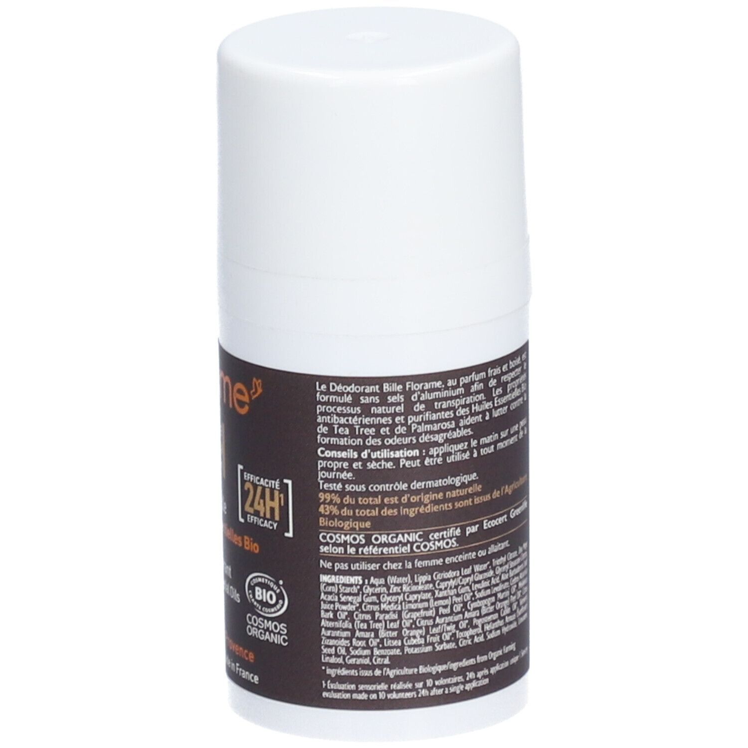 Dos du déodorant roll-on. Flacon blanc avec étiquette marron. Inscriptions : Florame, mode d'emploi, certification Bio.