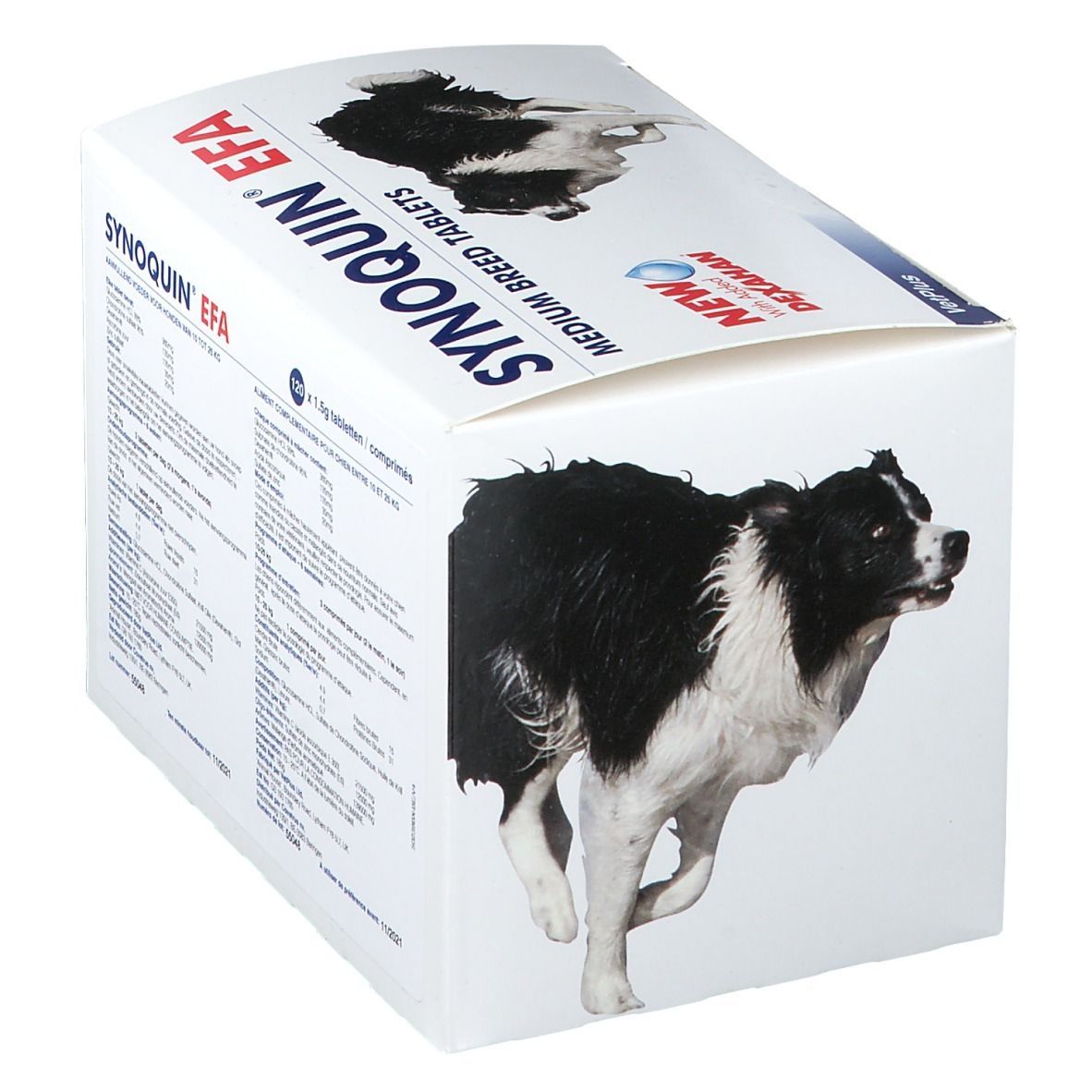 Boîte blanche avec nom du produit et images de chiens. Inscription : Synoquin EFA Medium Breed Tablets.