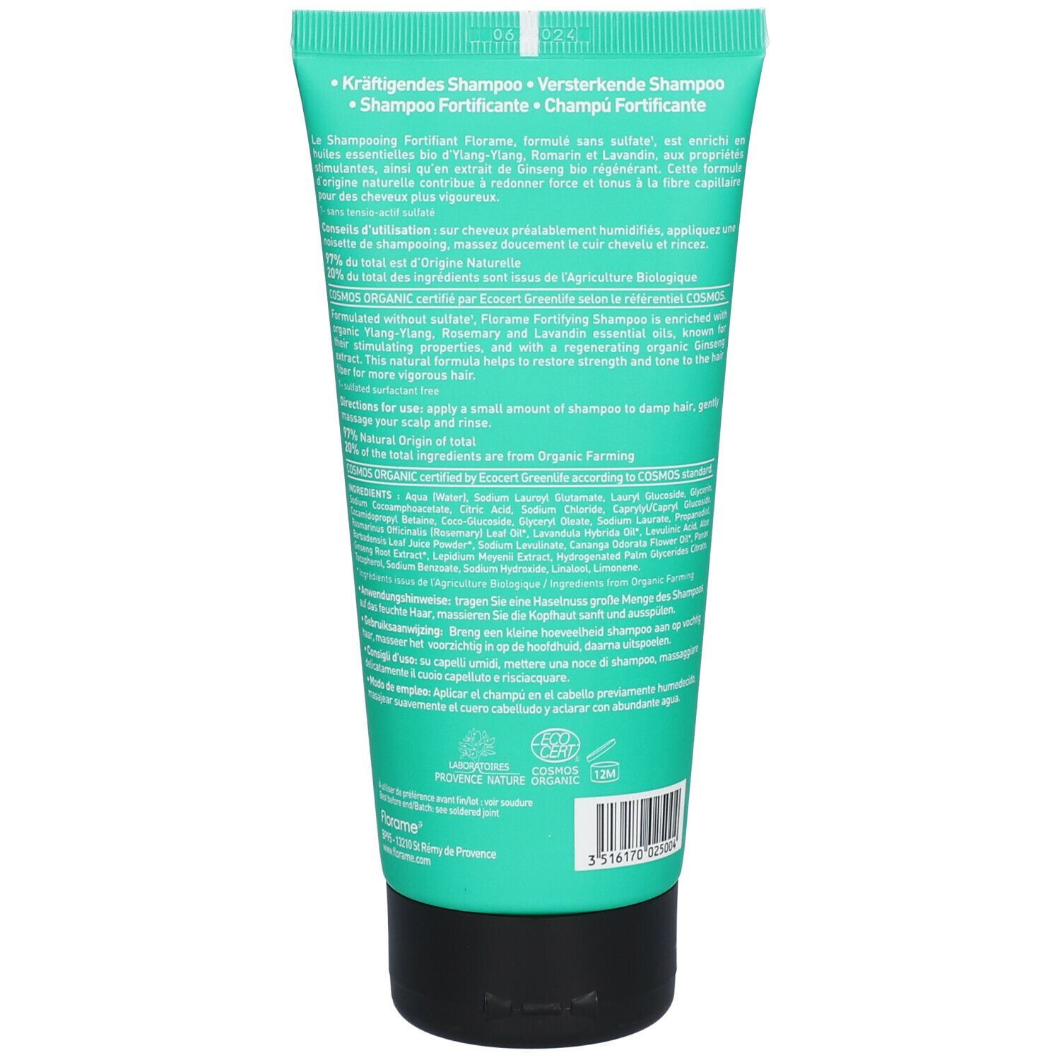 Dos d'un tube turquoise. Texte multilingue, ingrédients et certification biologique.