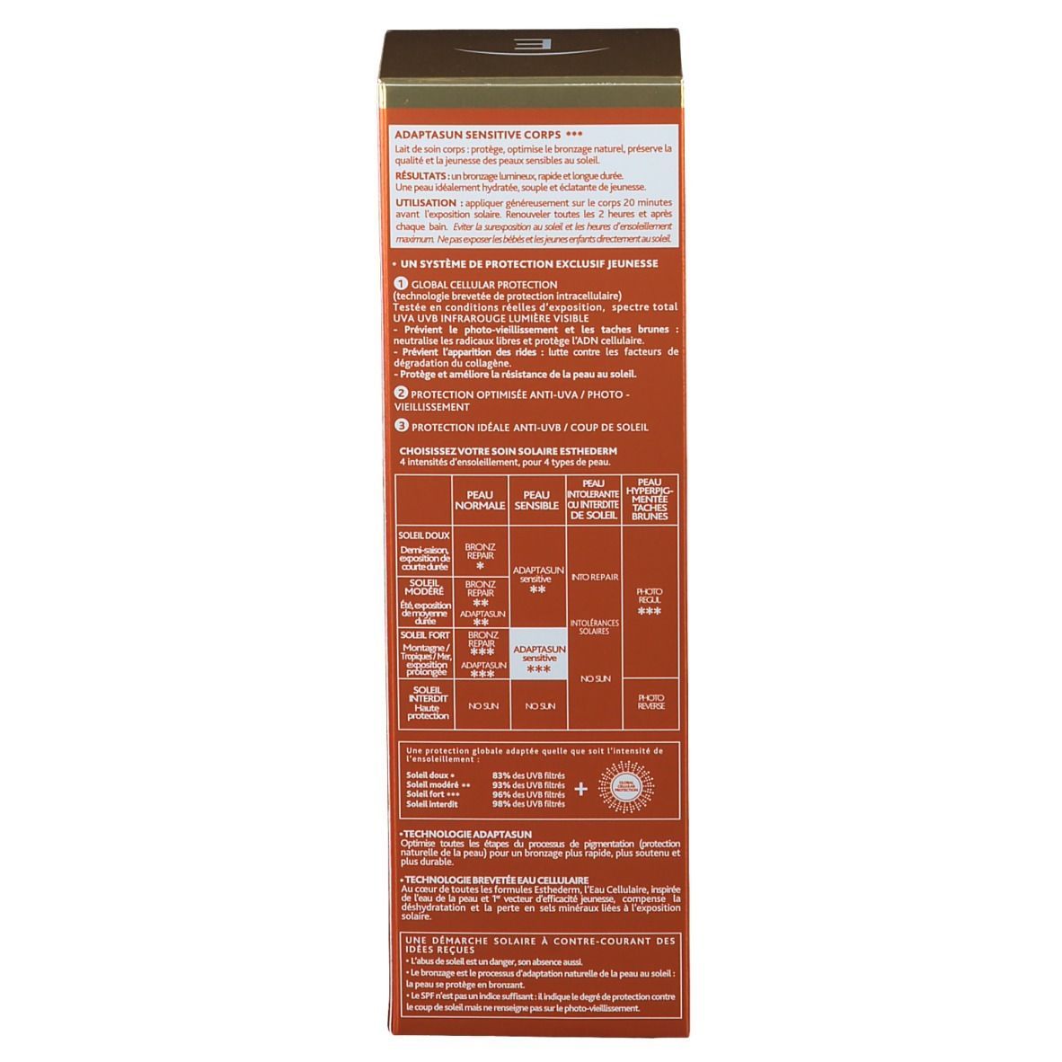 Côté d'une boîte orange. Texte: Adaptasun Sensitive, Utilisation, Système de protection jeunesse exclusif, Global Cellular Protection, Protection solaire.