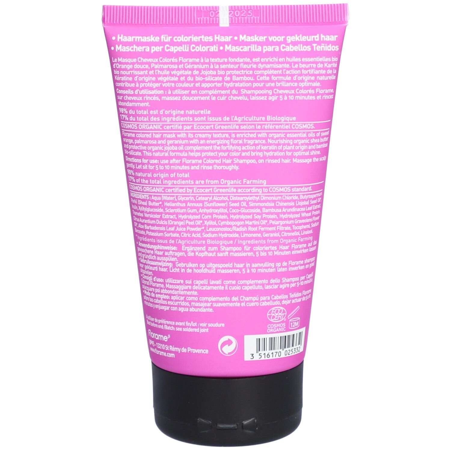 Dos du tube rose. Texte multilingue. Bouchon noir. Certification bio. Ingrédients et informations fabricant.