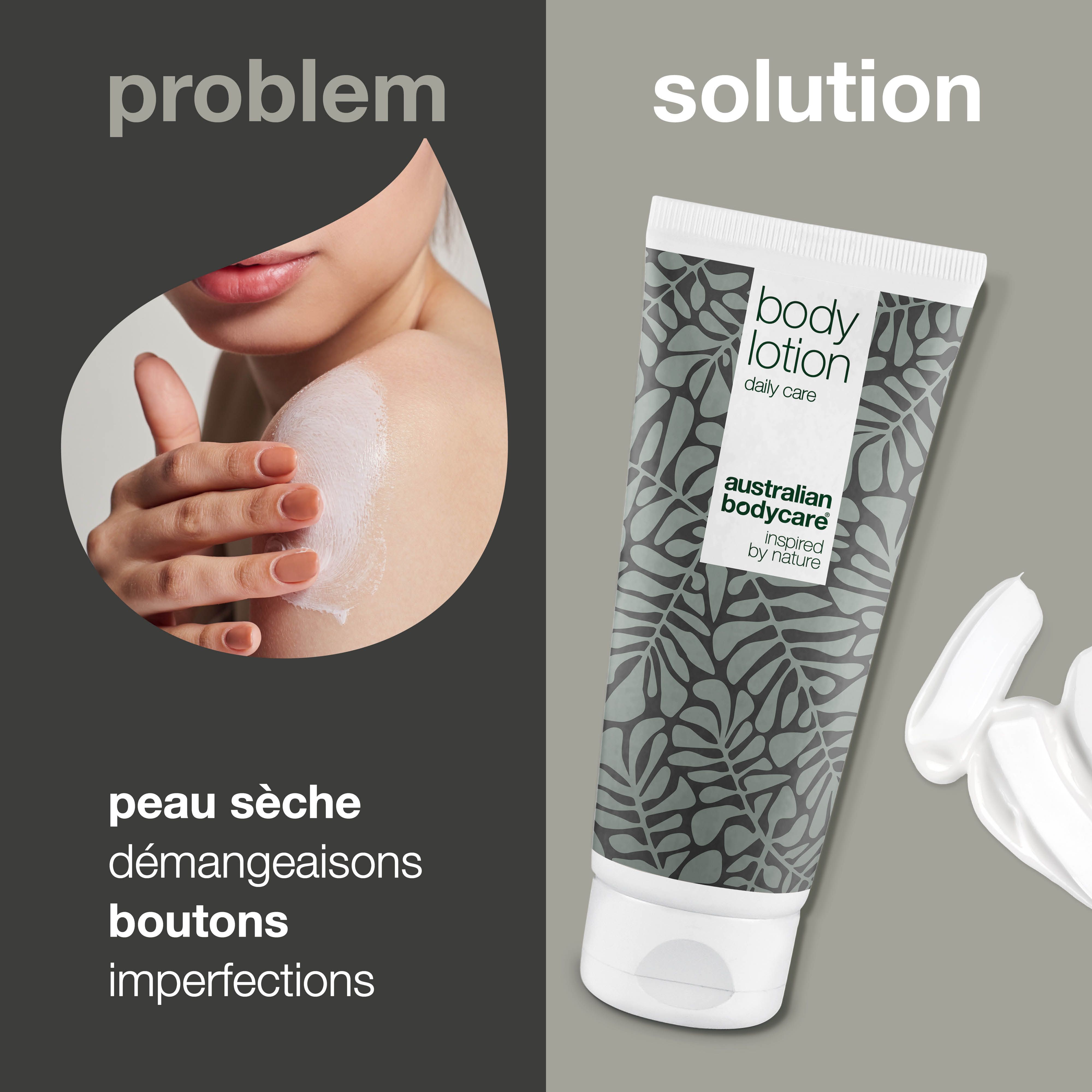 Produit en tube avec motif floral et texte: body lotion, australian bodycare. Texte et flèches.