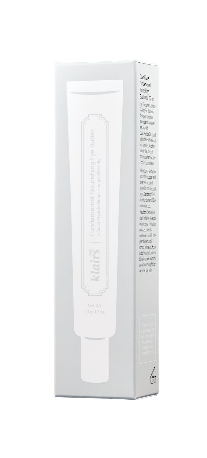 Emballage du produit. Boîte blanche avec tube. Inscription : Fundamental Nourishing Eye Butter. Marque : Klairs. Contenu : 20 g / 0.7 oz.