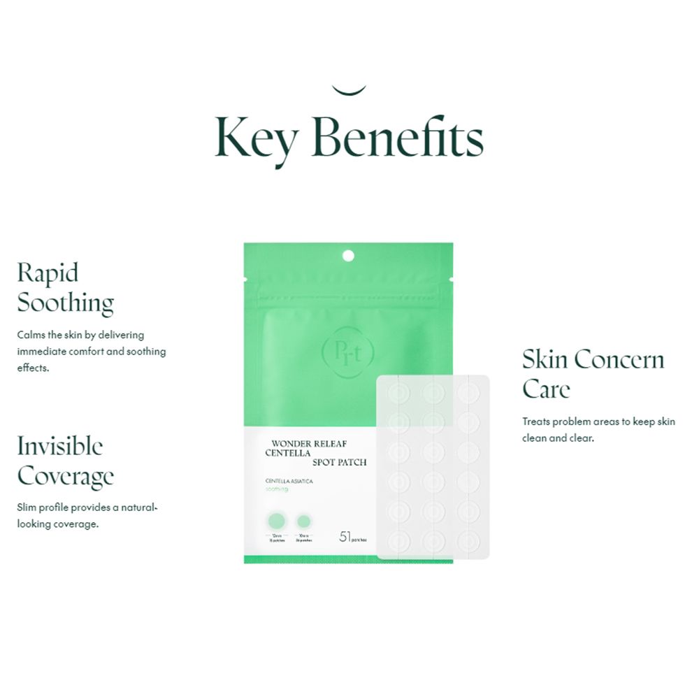 Texte : Key Benefits. Emballage et patchs. Texte : Wonder Releaf Centella Spot Patch. Texte : Invisible Coverage, Rapid Soothing, Skin Concern Care.