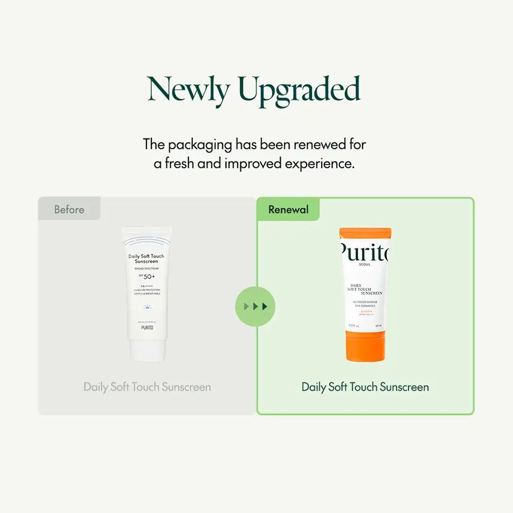 Comparaison des emballages de crème solaire. Gauche : ancien emballage. Droite : nouvel emballage. Produit : PURITO.