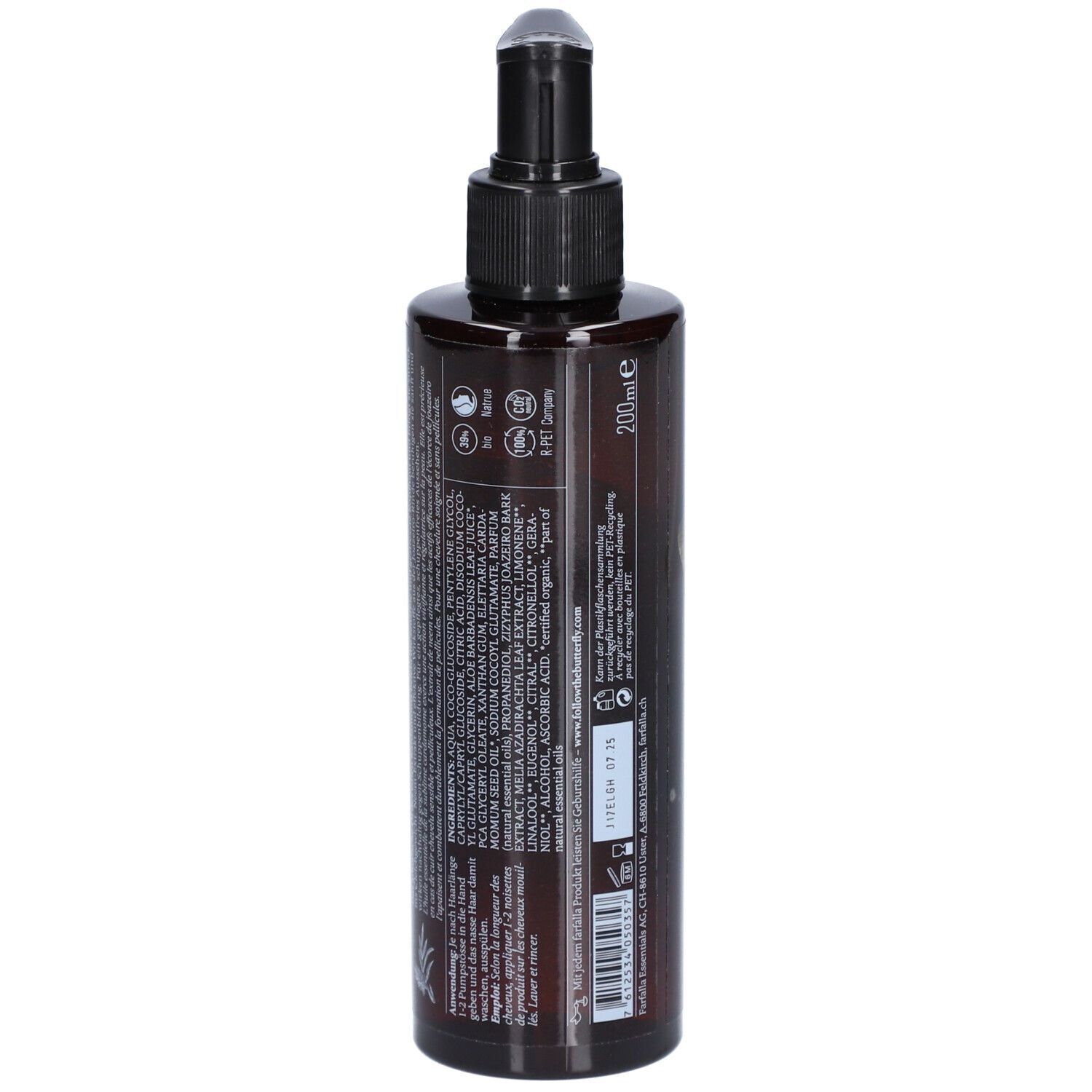 Flacon marron avec pompe noire. Dos avec texte et ingrédients. 200ml.