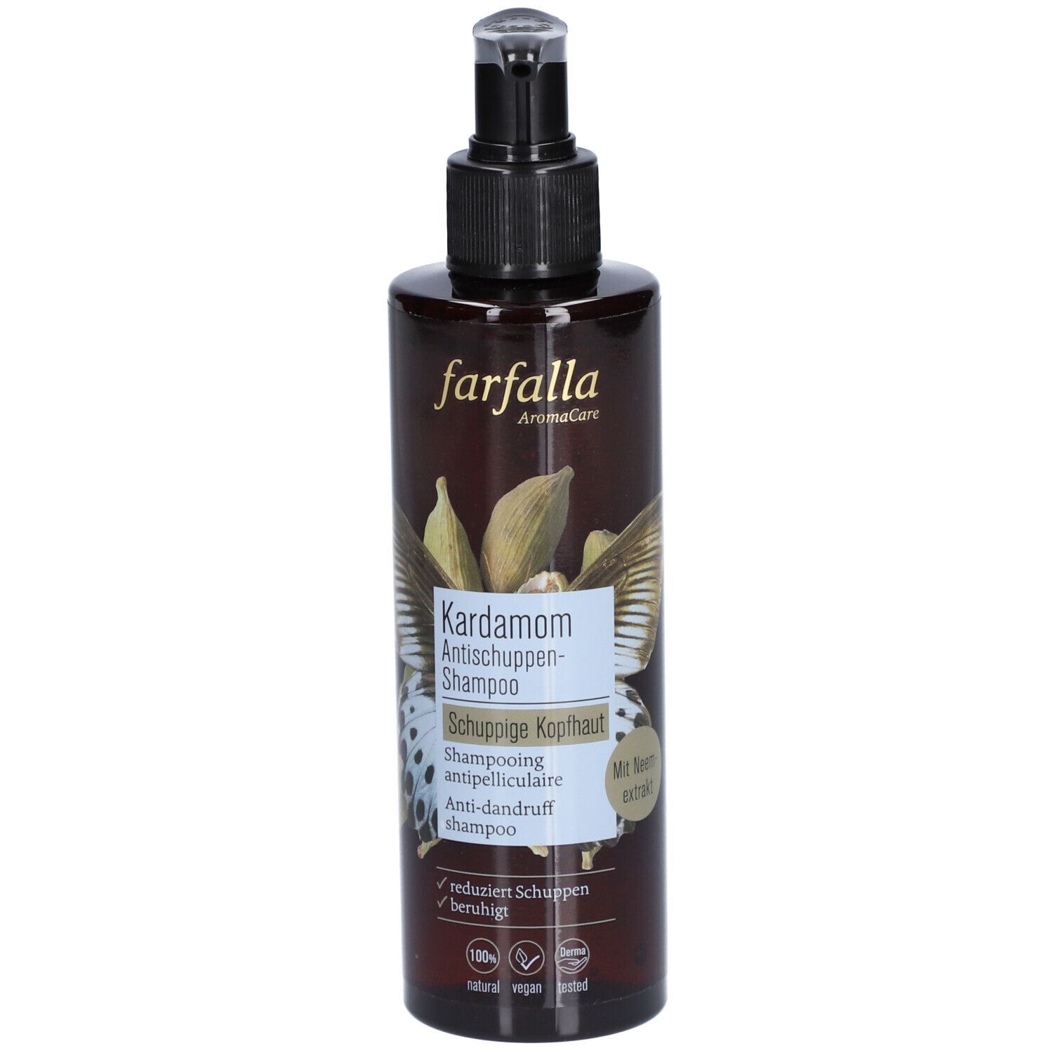 Flacon marron avec pompe noire. Inscription : Kardamom Antischuppen-Shampoo. Avec extrait de neem.