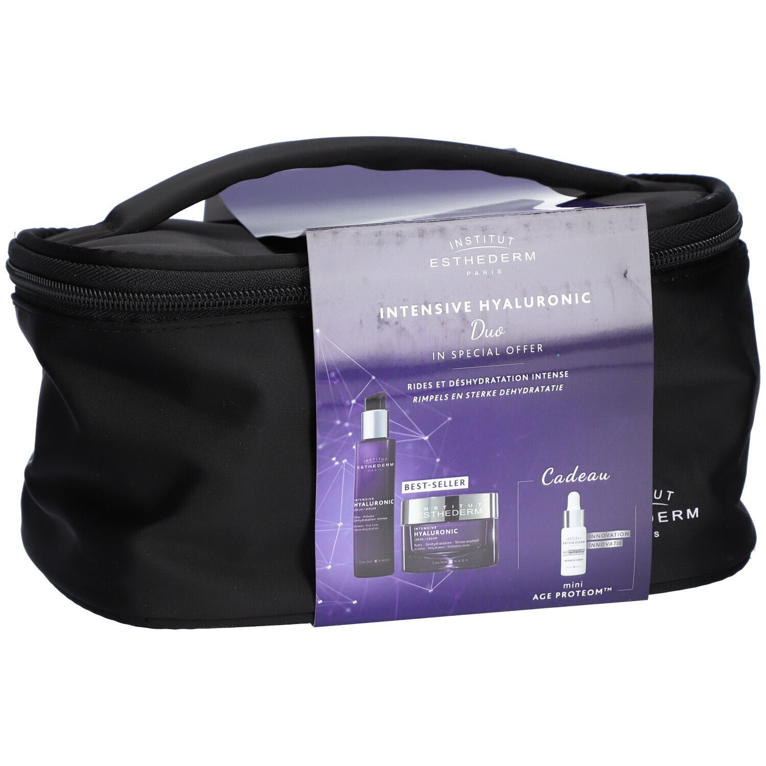 Trousse de toilette noire avec poignée et informations produit. Inscription: Institut Esthederm Paris, Intensive Hyaluronic Duo. Contient sérum et crème.