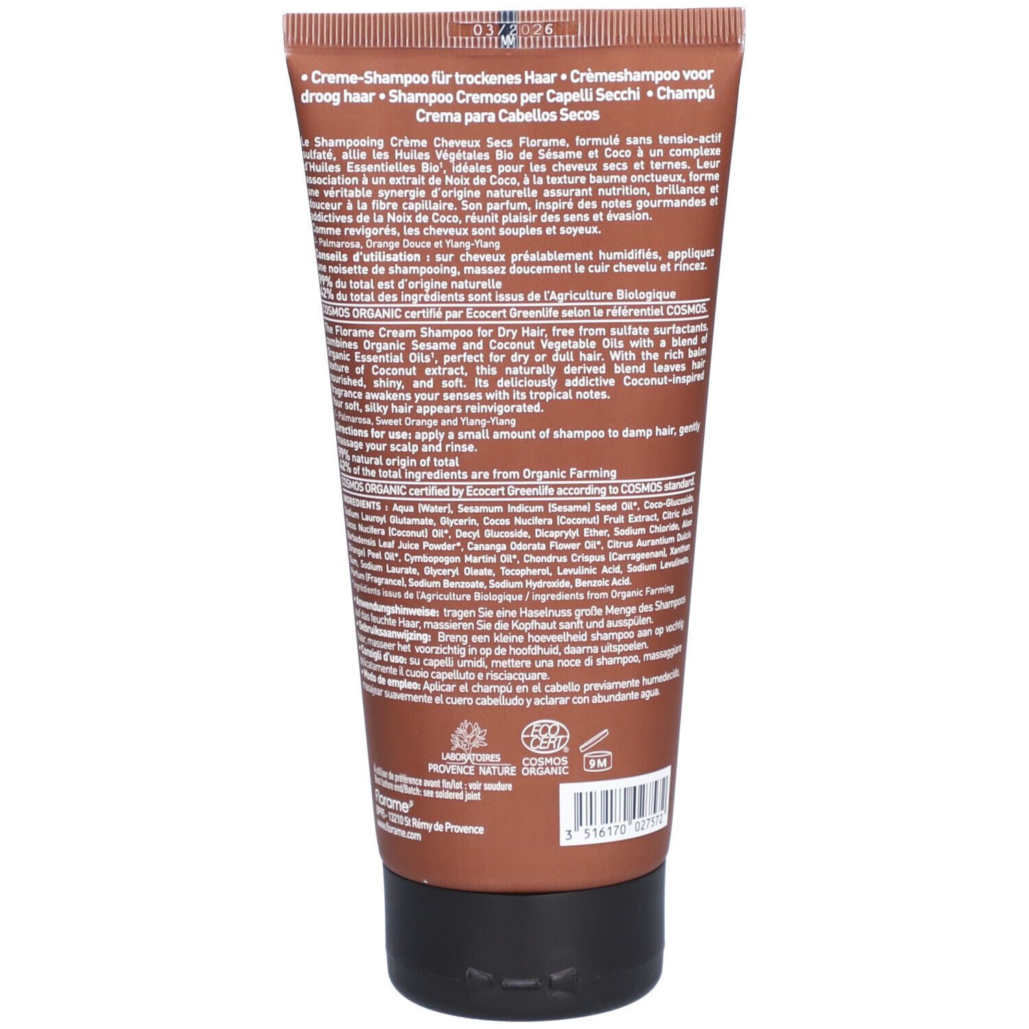 Dos du tube marron de shampooing crème Florame pour cheveux secs. Texte et logos.