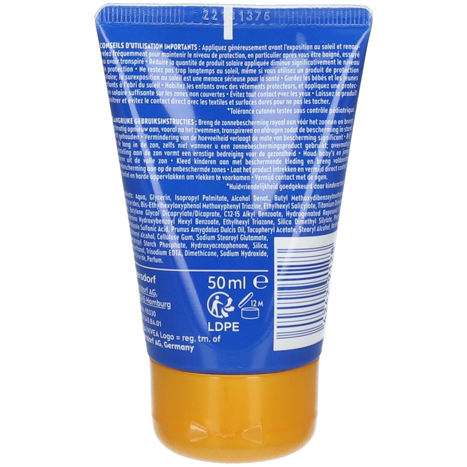 Dos du tube NIVEA Sun Kids To Go. Texte: conseils d'utilisation, ingrédients, 50ml, symbole de recyclage.