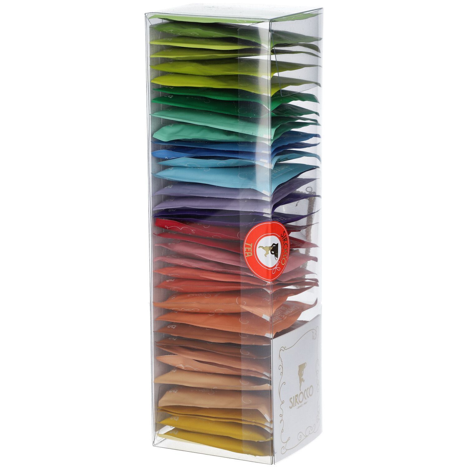 Boîte haute et transparente avec sachets de thé colorés. Logo sur le devant. Sceau rouge. Sachets de thé de différentes couleurs.