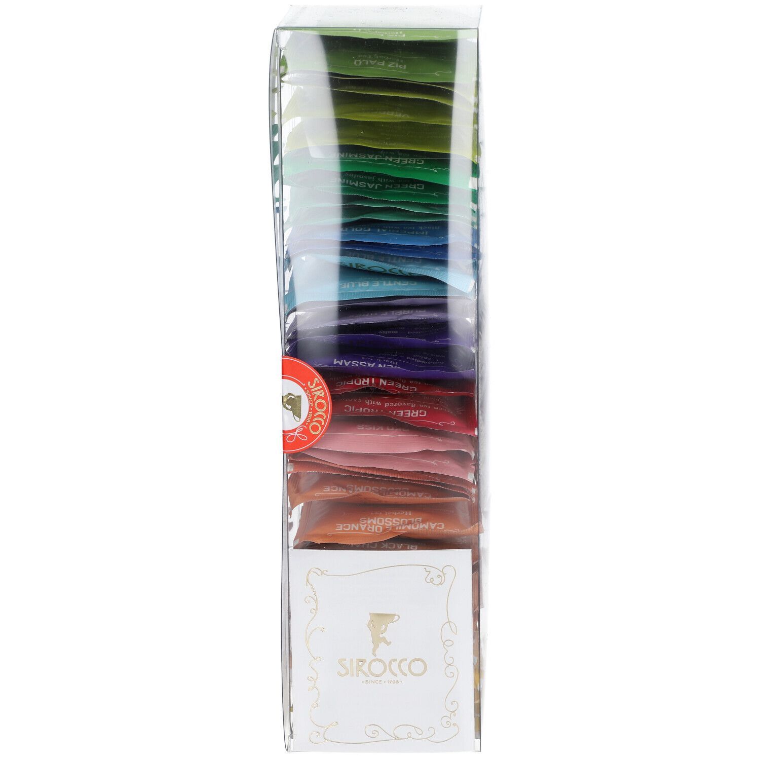 Boîte haute et transparente avec sachets de thé colorés. Sceau rouge. Logo sur le devant. Sachets de thé de différentes couleurs.